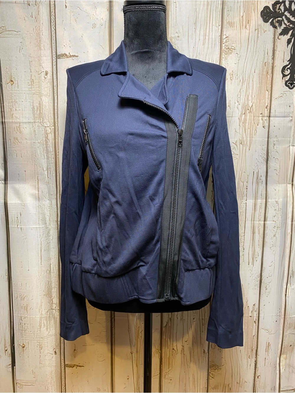 CAbi Navy Asymmetrical Zip Bomber Jacket Sz-S